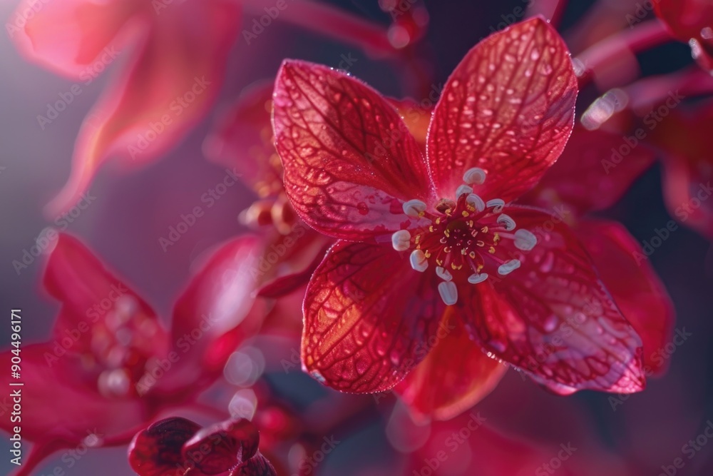 Poster A detailed view of a red flower with water droplets glistening on its petals, ideal for use in a variety of settings from nature-inspired designs to scientific illustrations