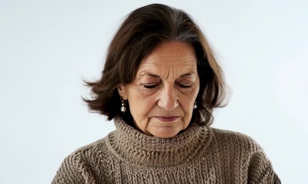 medium shot portrait of a serious, Israeli woman in her 40s wearing a cozy sweater against a white background