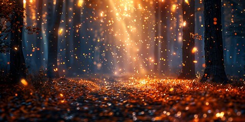 Sparkling glitter illuminates a serene forest path in autumn.