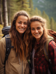 Obraz premium Smiling Young Women Friends Hiking in Forest with Backpacks