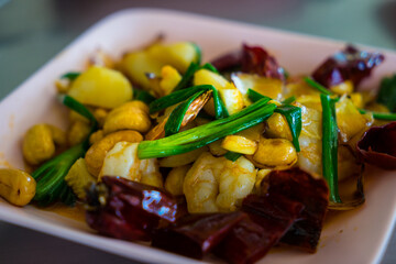 Massaman shrimp curry with cashew nuts and lemongrass, cooked in Isan, eastern Thailand, Udon Thani Province