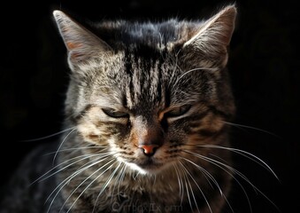 Close-Up of a Tabby Cat in Natural Light with Captivating Whiskers and Intense Gaze - Perfect for Pet-Themed Blogs and Nature Photography