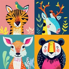 Obraz premium Colorful Animal Illustration Featuring Tiger, Deer, Giraffe, and Bear for Children's Art