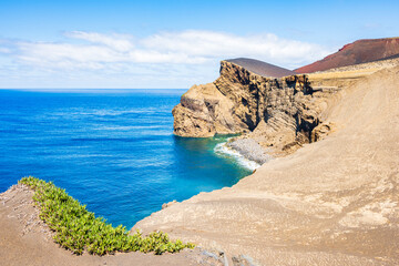 Amazing view of Capelinhos peninsula volcanic beach, Faial island, Azores, Portugal