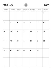 February 2025 year planner template, calendar 2025 desgin, monthly and yearly planners. organizer diary. week start Sunday, corporate planner template, Desk calendar 2025, vertical layout, vector