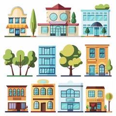 Obraz premium Colorful Flat Illustration of Various Buildings and Trees - Set of Urban and Commercial Architecture Elements
