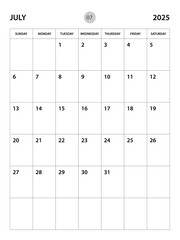 July 2025 year planner template, calendar 2025 desgin, monthly and yearly planners. organizer diary. week start Sunday, corporate planner template, Desk calendar 2025, vertical layout, vector