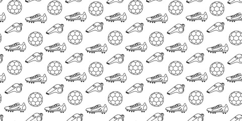 Seamless pattern with soccer balls, cleats, and whistles in a black and white outline. Sports background for fabric, wrapping, wallpaper, stationery, advertising brochures, flyers or posters.