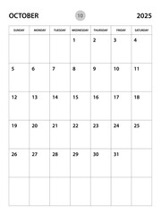 October 2025 year planner template, calendar 2025 desgin, monthly and yearly planners. organizer diary. week start Sunday, corporate planner template, Desk calendar 2025, vertical layout, vector