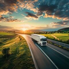 Scenic Highway Sunrise Landscape with Truck on Road - Beautiful Transport Photograph for Travel and Logistics Themes