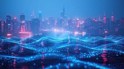Obraz premium Neon Cityscape with Digital Waves