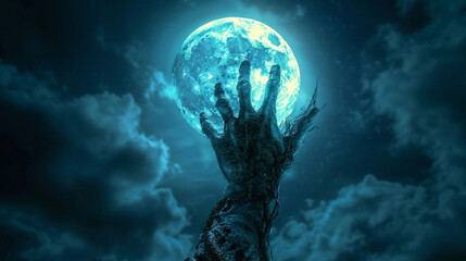 Halloween background with zombie hands on full moon. 