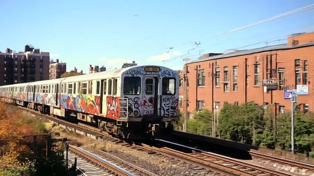 Urban subway train with graffiti running