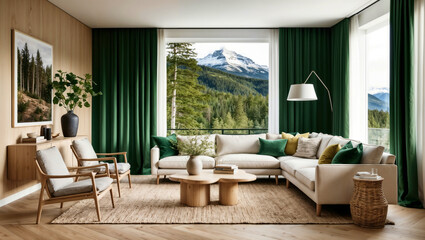 Large living room with white sofa, minimalist modern design, interior space with wooden floor and walls decorated with plants, green curtains and big windows, view of pine forest and snowy mountains