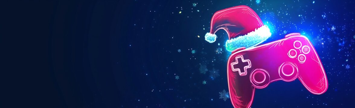 Christmas gaming background or new year neon banner with copy space for gamer. Neon glowing gamepad with santa hat is making christmas atmosphere with snowflakes on blue background