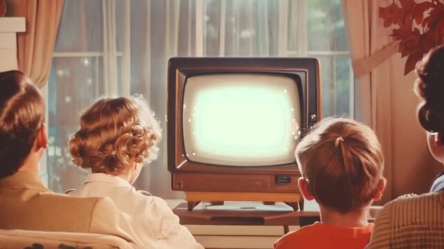 Family watching TV in a living room in 1950s