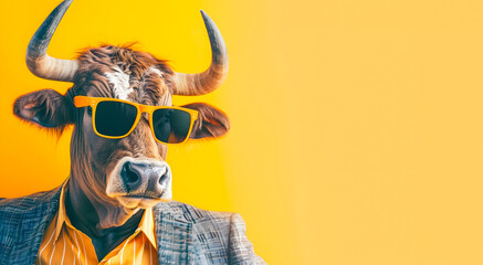 Stylish Business Bull Portrait in Sunglasses and Suit with Copy Space  Charismatic bovine corporate character in modern professional attire for branding marketing or advertising concepts