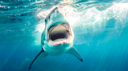 Fierce white shark with its jaws open and razor sharp teeth showing photographed from below the surface of the deep blue ocean  This powerful predator is an apex marine creature
