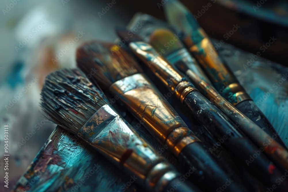 Poster A collection of paintbrushes arranged neatly on a table, ideal for use in illustrations about art or creative processes