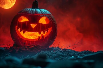 Haunted Cemetery Jack-O'-Lanterns Under Full Moon: A Spooky Halloween Night Scene