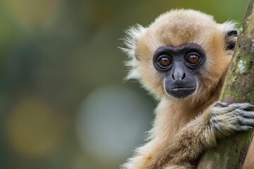 Obraz premium Beautiful young monkey with brown eyes is holding a tree branch