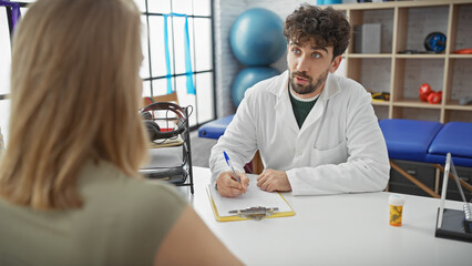A male doctor takes notes while consulting a female patient in a clinic's physical therapy room.