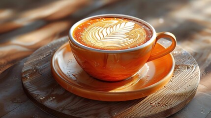 Orange Cup of Latte with Leaf Art