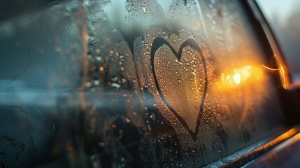 Steamy car window with heart. Heart on window background