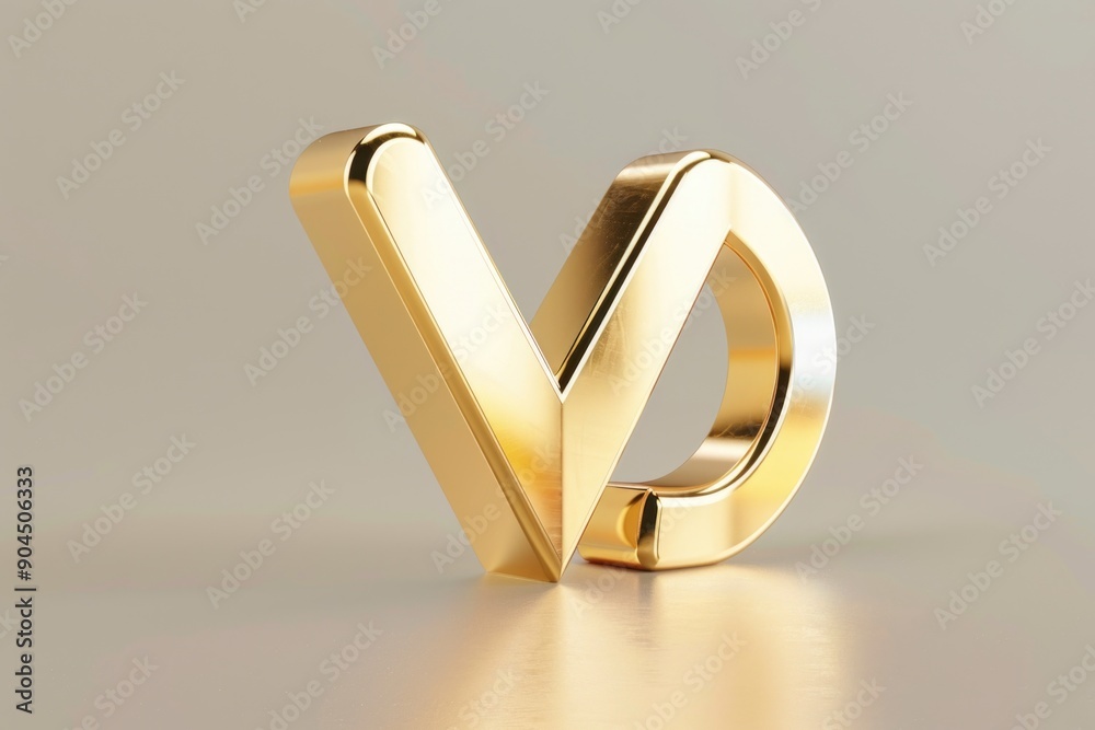 Poster a close-up view of a shiny gold letter 'v' sitting on a table, ideal for use in designs and presenta