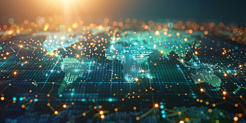 Obraz premium Global digital map with illuminated data points and network connections