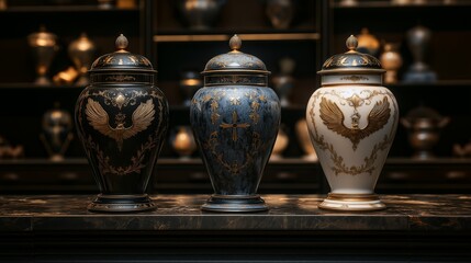 Elegant Urns with Eagle Motif in a Display Setting - Suitable for Memorial, Decorative Arts, and Cultural Heritage