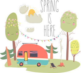 Little trailer standing in spring forest. Vector illustration