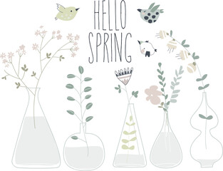 Cartoon spring flowers in different bottles. Vector illustration