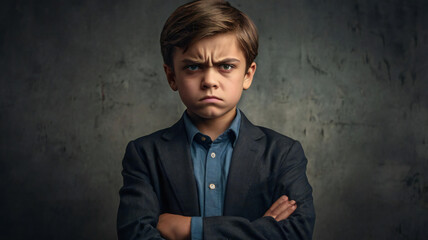 Portrait of the  little angry boy on the dark background.
