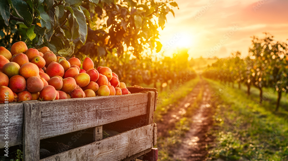 Poster Freshly Picked Peaches in a Wooden Crate at Sunset