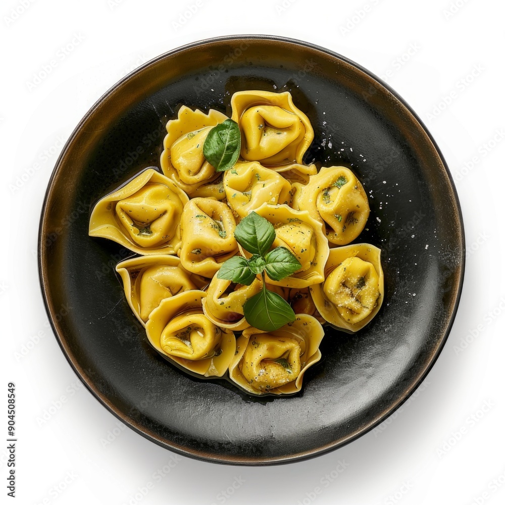 Sticker Delicious Tortellini Pasta Dish with Basil on Black Plate. Gourmet Italian Cuisine Presentation. Perfect for Cooking Blogs and Restaurants. High-Quality Food Photography for Menus. AI