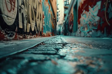 Urban scene with a wet street and colorful graffiti on the walls