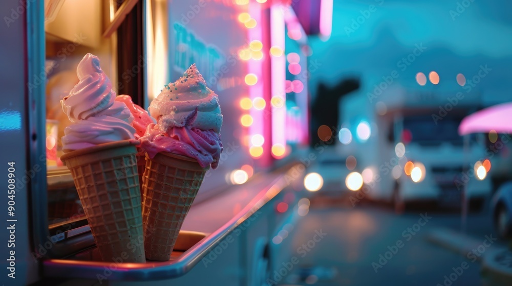 Wall mural Two ice cream cones displayed in the window of a colorful food truck