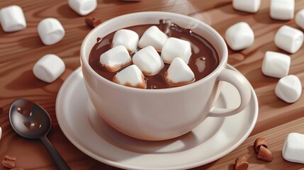 Hot Chocolate with Marshmallows on a Wooden Table