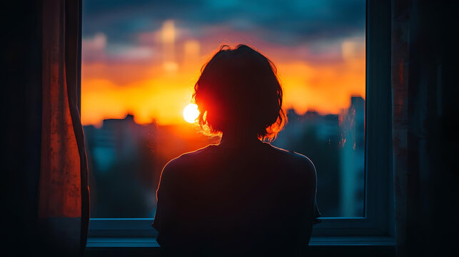 A woman silhouetted against a vibrant sunset sky, gazing out a window, creating a warm and contemplative scene.