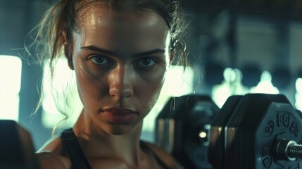 Close-up of Woman Lifting Weights in Gym. Intense and determined. Fitness and strength. AI-generated image for stock photos. Perfect for fitness ads and workout content. AI