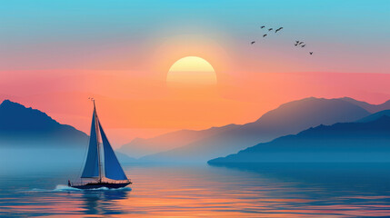 Fototapeta premium A sailboat is sailing on a calm lake with a beautiful sunset in the background. The sky is filled with birds flying in the distance. The scene is serene and peaceful