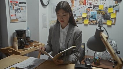 A focused young asian woman analyzes documents in a cluttered detective office with evidence board.