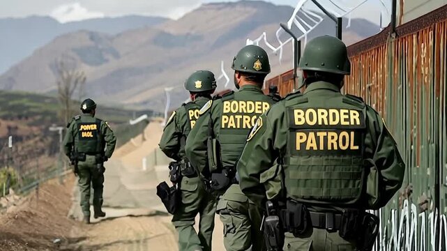 Border Patrol officers walking along the border