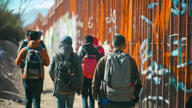 Migrants walking along the border