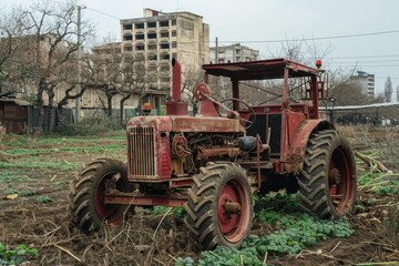 Obraz premium Old red tractor is rusting away in a field, symbolizing the decline of agriculture in the area