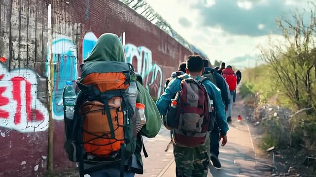 Migrants walking along the border