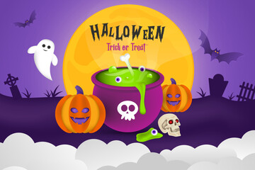 Fototapeta premium Halloween background for a party, invitation, banner, greeting card, or sales banner on a night horizontal background