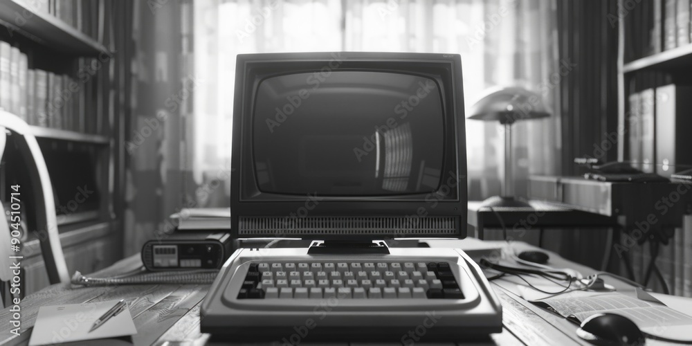 Poster an old computer sits atop a wooden desk, ready for use