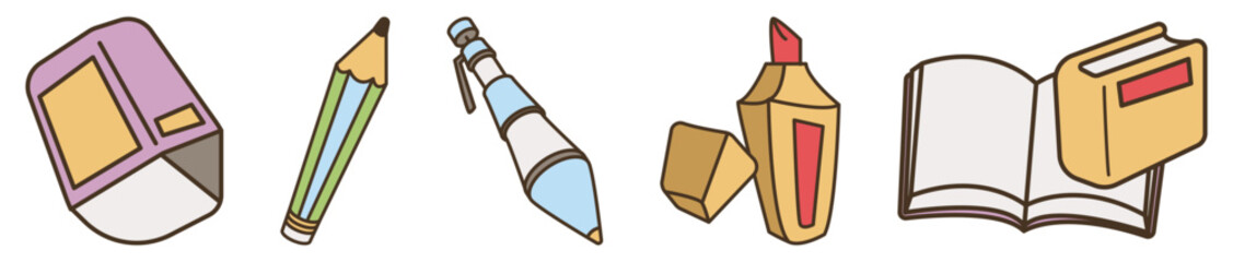 A line of school supplies including a pencil, a pen, a marker, a book, and a folder